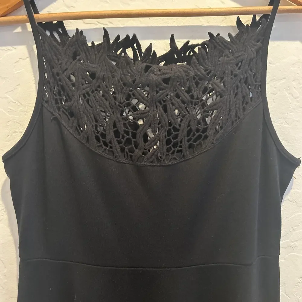 Free People Black Forget Me Not Fit/Flare Stretch Ponte Crochet Eyelet Dress M‎